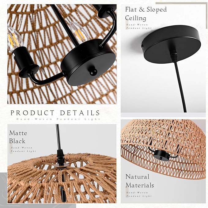 24" Brown Woven Pendant Light Boho Chandelier Dome Rustic Farmhouse Chandelier Wicker Pendant Light Rattan Light Fixture for Dining Room Living Room Bedroom Kitchen Island Foyer(Bulb Incl)