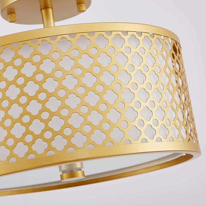 Farmhouse Drum Ceiling Light, 2-Light Mid-Century Modern Semi-Flushmount Light Fixture for Bedroom, Entryway, Kitchen, D13xH9inch, Gold Finish Patterned Lampshade & White Fabric Inner Shade