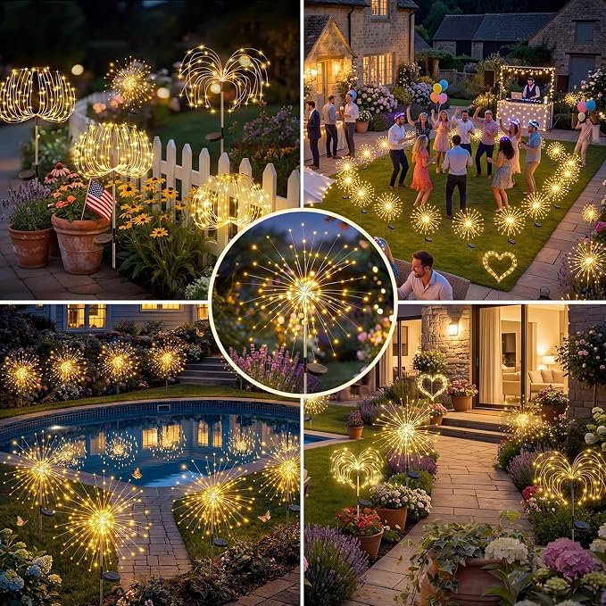 Solar Firework Lights, 10 Pack 120 LEDs 8 Lighting Modes Twinkle Solar Garden Lights Outdoor Waterproof for Yard Patio Walkway Pathway Party Wedding Balcony Decorative- Warm White