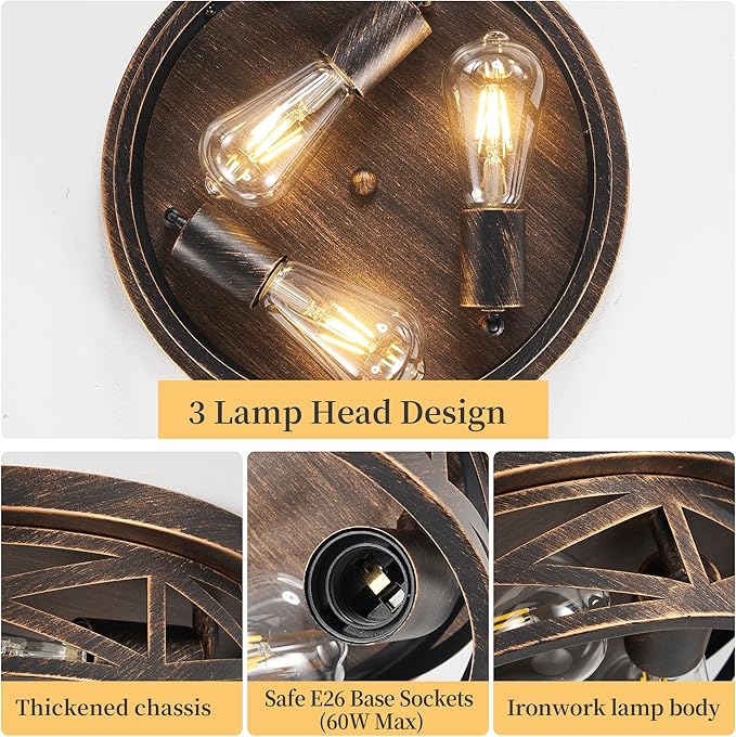 1 Pack Flush Mount Ceiling Light, 3-Light Close to Ceiling Light Fixtures, 13 Inch Farmhouse Cage Style Ceiling Lights for Bedroom, Living Room, Porch Kitchen (Black + Gold)