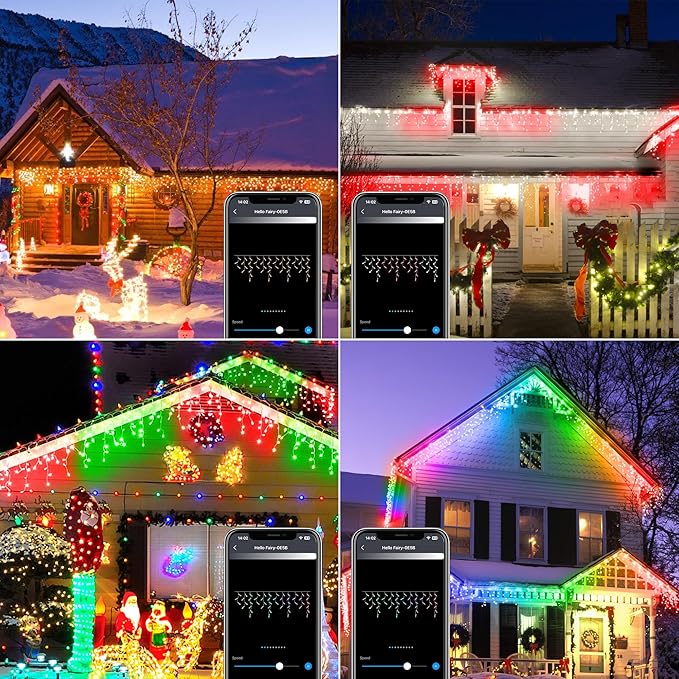 99FT Smart Color Changing Christmas Icicle Lights - APP Control 897 LEDs 207 Drops Outdoor Roof String Lights DIY 100+ Effects Music Sync, Waterproof for Outside Garage Eaves House Holiday Decor