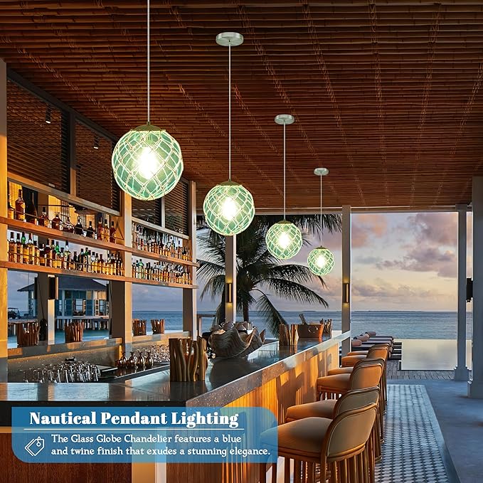 10" Blue Coastal Pendant Light Kitchen Island,Glass Globe Ocean Ceiling Light Fixture Beach House,Dimmable Hemp Rope Light Fixture Hanging For Bathroom Living Room Farmhouse Entry Bedroom(Bulb Incl.
