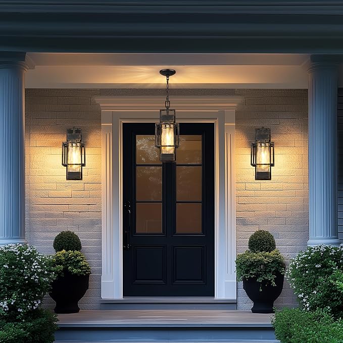 15" Outdoor Indoor Pendant Light Exterior Hanging Lantern, Modern Black Metal Outside Chandelier Light Fixture Ceiling Mount with Water Glass for Front Porch Entrance Foyer Entryway, Black Brush Gold
