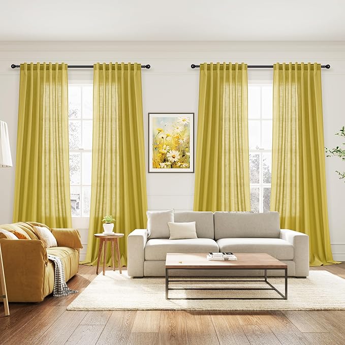 Nanspring Celery Yellow Curtains 120 Inches Long 2 Panels Set Back Tab Loop Pocket Linen Blend Light Filtering Semi Sheer Boho Decor Curtain for High Ceiling Living Room Drapes 52x120