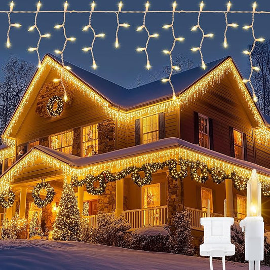 YOUNGAR Icicle Lights Outdoor, 23FT 200 Connectable Icicle Christmas Lights,Warm White Plug in Curtain String Lights for Indoor Wedding Party Holiday Xmas Yard Patio Window Decoration