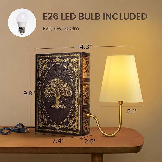 AELS Vintage Bookshelf Lamp with Bulb, Table Lamp with Linen Shade, 3-Color Dimmable Touch Control, Modern Farmhouse, Book Sconce for Office Home Bedroom Bookshelf, Tree of Life Brown & Gold