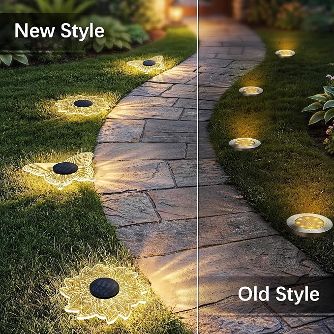 Brizled Solar Pathway Lights, 2 Pack Acrylic Butterfly & Flower Solar Lights Outdoor, LED Ground Light Warm White Garden Light Landscape Lighting Waterproof for Garden Yard Lawn Pathway Driveway Decor