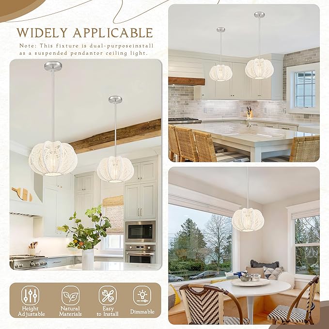 White Rattan Pendant Light 12.6 in Hemp Rope Rattan Light Fixture Woven Pendant Wicker Chandelier Boho Chandelier for Kitchen