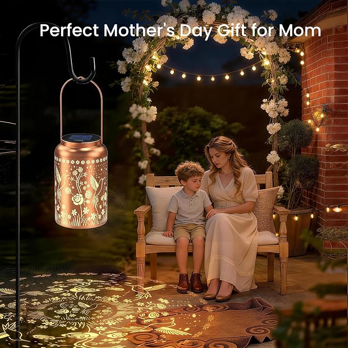 JEJOT Hummingbird Solar Lanterns Outdoor Waterproof, Mothers Day Gifts, Birthday Gifts for Women Mom Grandma,Metal Hanging Solar Lantern for Yard,Garden,Porch Landscape Deconrations-2 Pack
