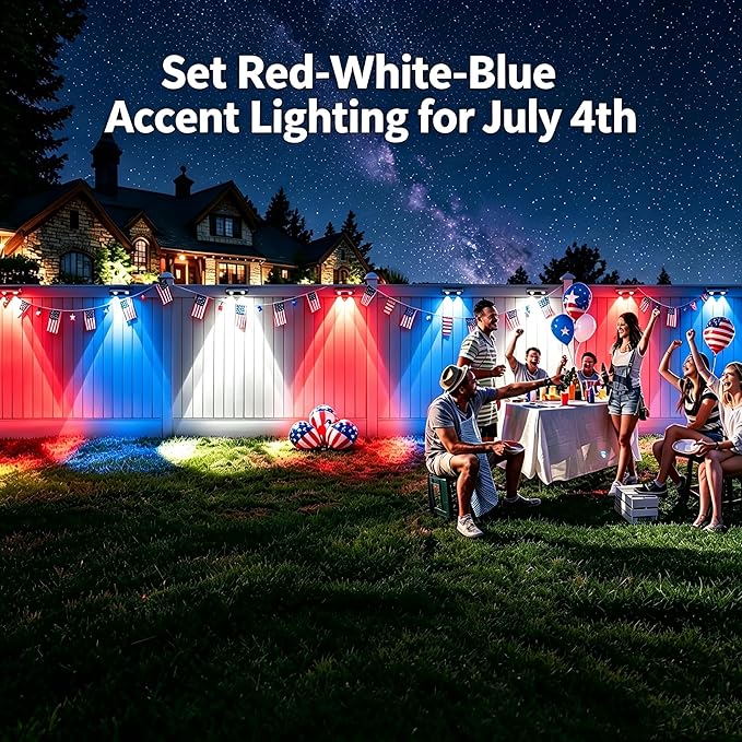 Brizled Solar Fence Lights Outdoor, 8 Pack Red White Blue Patriotic Outdoor Fence Lights 9 Colors & 11 Modes RGBCW Color Changing Solar Wall Lights, Waterproof Railing Lighting for July 4th Halloween