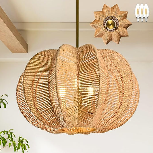 17.7 Inch Rattan Pendant Light Hemp Rope Rattan Light Fixture Woven Pendant Wicker Chandelier 3-Light Boho Chandelier for Bedroom