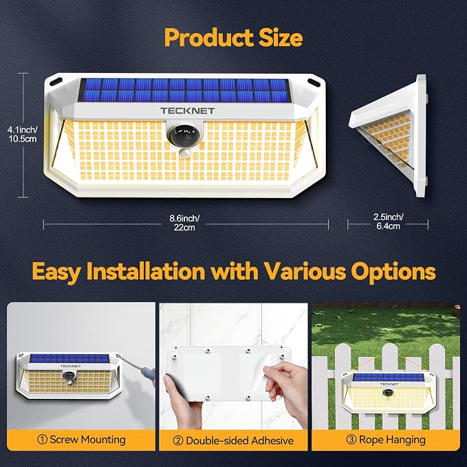 TECKNET 416 LED Solar Powered Outdoor Lights, 300° Angle & 3 Lighting Modes Motion Sensor Light Outdoor, Security Solar Lights Waterproof - 2 Pack, White Color & Warm Light
