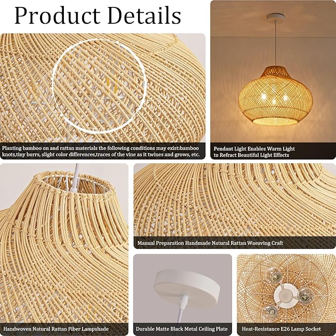 3-Light Rattan Pendant Light,18.9" Round Hanging Light,1-Pack Wicker Pendant Light Hand-Woven Rattan Chandelier for Workplace Dining Living Bedroom Kitchen Farmhouse