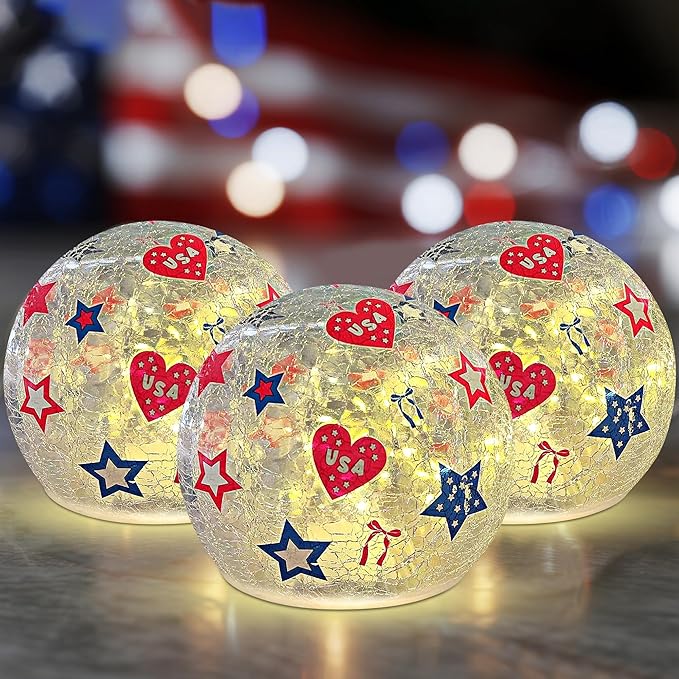 3PCS Independence Day Decorative Lights, 3.93-inch Independence Day Desktop Decoration LED Night Light, Cracked Glass Ball Light with Timer, 4th of July Decoration (Love)