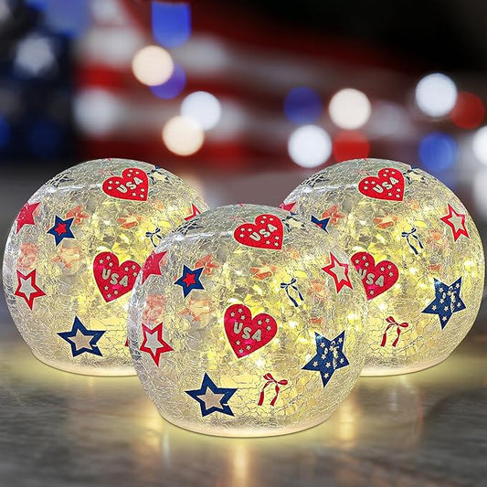 3PCS Independence Day Decorative Lights, 3.93-inch Independence Day Desktop Decoration LED Night Light, Cracked Glass Ball Light with Timer, 4th of July Decoration (Love)