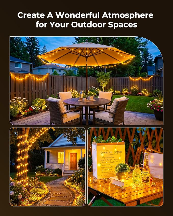 Minetom Solar String Lights for Outside, 6 Packs Total 198Ft 600 LED Outdoor Solar Fairy Lights, 8 Modes Balcony Lights for Tree Patio Christmas Party Wedding Decor (Warm White) | IP65 Waterproof Twinkle Lights with 8 Modes, Patio Lights for Tree Outsi...