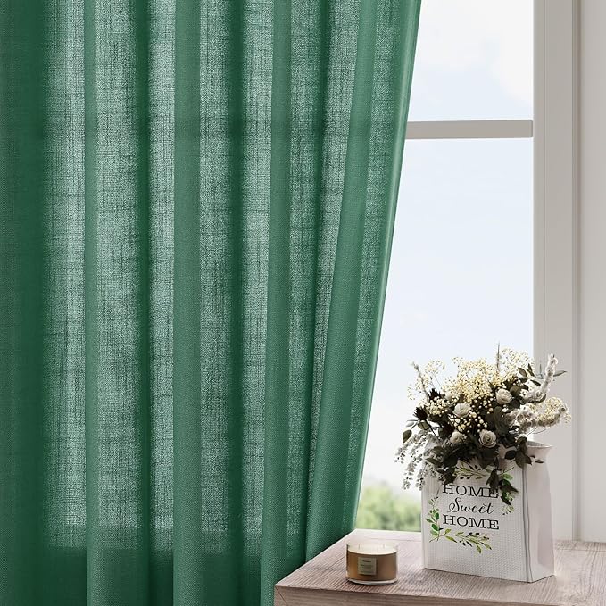 Nanspring Dark Green Linen Curtains 84 Inch Length 2 Panels Set for Living Room Rod Pocket Back Tab Light Filtering Window Drapes for Bedroom Dining Room Privacy Country Farmhouse Decor 52x84