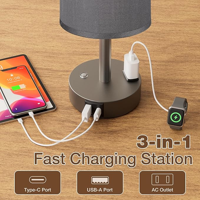 Touch Bedside Table Lamp with Memory - Stepless Dimmable Lamp for Bedroom, Small Nightstand Lamp with Dual USB Charging Ports and AC Outlet, Wood Night Light, Deak Lamp for Nursery (Grey & Grey)