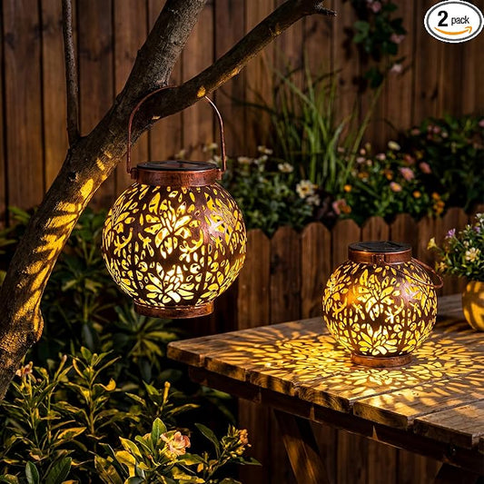 JOIEDOMI 2 Pack Outdoor Solar Hanging Lantern Lights, Waterproof Tabletop with Handle, LED Moroccan Lanterns, Metal Decorative Garden Solar Lights Spring for Patio, Lawn, Porch, Backyard