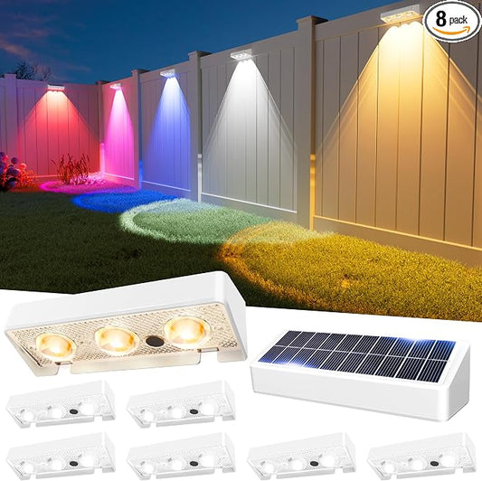 JOFIOS Solar Fence Lights Outdoor, 8 Pack, 9 Fixed Colors ＆ Color Changing LED Light Solar Powered Waterproof IP65 Dusk-to-Dawn Vinyl Fence Lights for Patio, Railing, Pool, Porch, Backyard, Wall