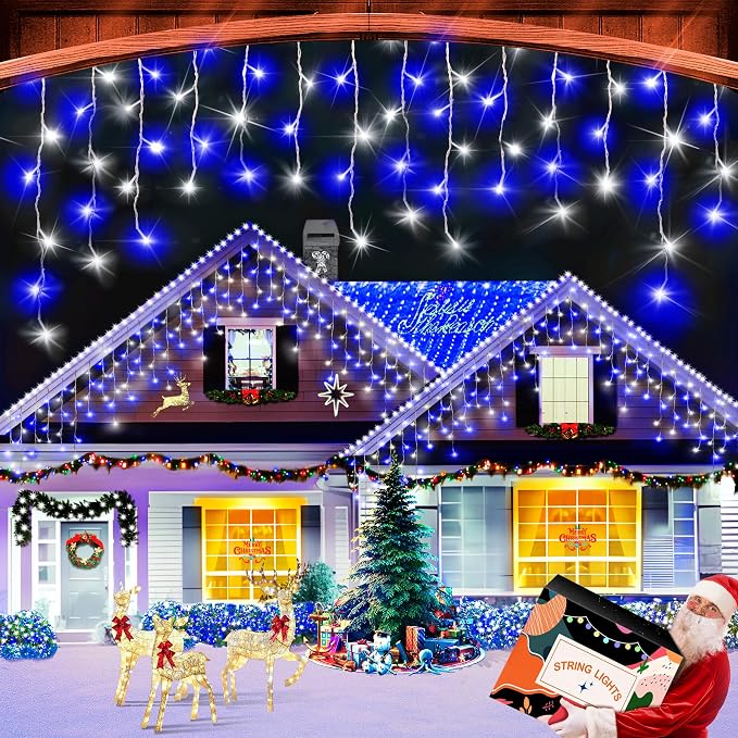 XURISEN 66ft Christmas Lights Decorations Outdoor, 640 LED 8 Modes Curtain Fairy Lights with 120 Drops,Plug in Waterproof Timer Memory Function for Christmas Holiday Wedding Party Decor(Blue+Cool)