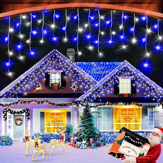 XURISEN 66ft Christmas Lights Decorations Outdoor, 640 LED 8 Modes Curtain Fairy Lights with 120 Drops,Plug in Waterproof Timer Memory Function for Christmas Holiday Wedding Party Decor(Blue+Cool)
