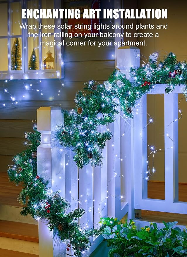 Solar Fairy Lights,33Ft 100 LED Solar String Lights with 8 Modes Pure White | IP65 Waterproof Solar Twinkle Lights Outdoor & Indoor, Patio Lights for Tree Garden Party Wedding Christmas Decoration