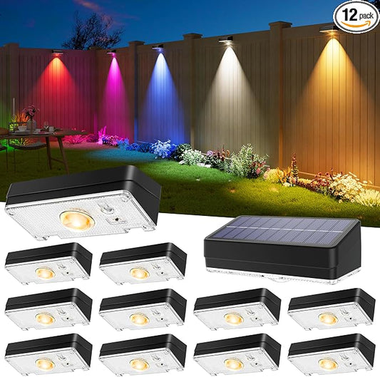 JOFIOS Solar Fence Lights Outdoor, 12 Pack, 50LM Ultra Bright, 3 Color Temperatures & RGB, IP65 Waterproof, Dusk-to-Dawn Solar Powered Fence Lights for Patio, Railing, Pool, Porch, Backyard(Black)