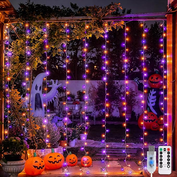 JMEXSUSS 200 LED Orange and Purple Halloween Lights, 8 Modes Curtain Halloween Lights with Remote, USB Curtain String Lights Plug in for Party Bedroom Window Halloween Decorations