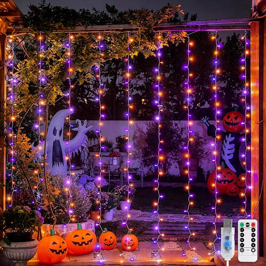 JMEXSUSS 200 LED Orange and Purple Halloween Lights, 8 Modes Curtain Halloween Lights with Remote, USB Curtain String Lights Plug in for Party Bedroom Window Halloween Decorations