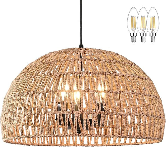 17.6 inch Hemp Rope Woven Pendant Light Wicker Pendant Light 3-light Rattan Light Fixture Boho Chandelier Farmhouse Chandelier Dome Pendants Light for Dining Room Bedroom Kitchen(Bulb Incl