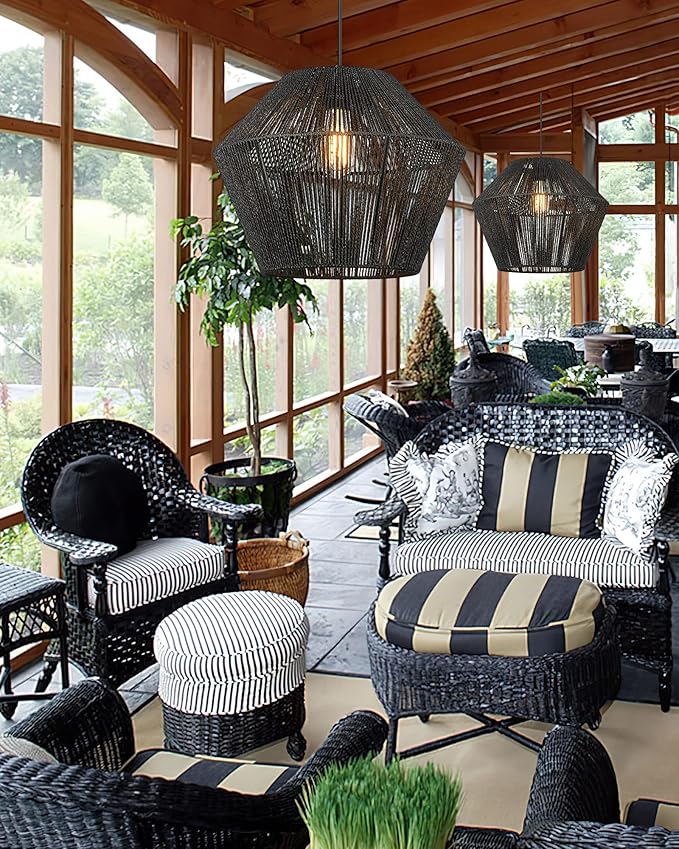 Woven Pendant Light Fixtures, ELYONA 7" Farmhouse Coastal Hanging Lamp with Matte Black Handwoven Rattan Basket Shade Modern Boho Pendant Light for Kitchen Island Dining Room Bar Bedroom Foyer Hallway
