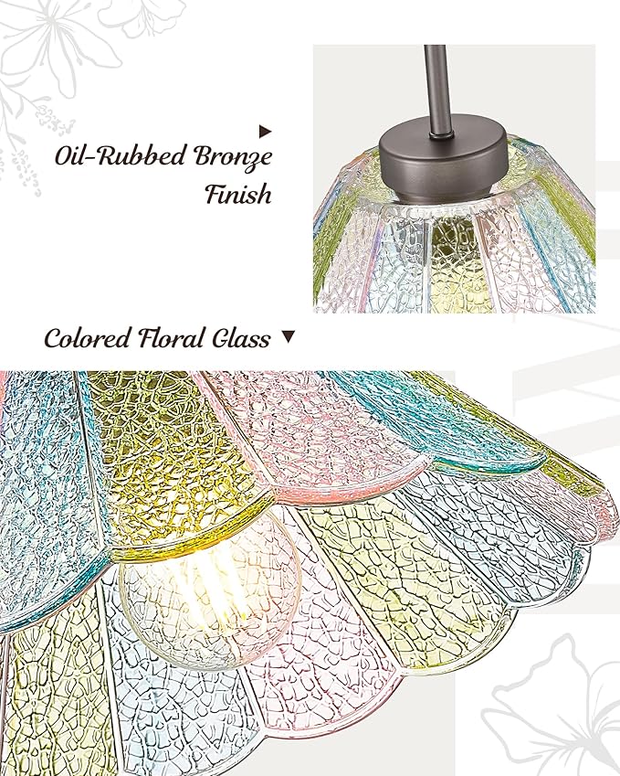 Modern Hanging Light Fixture, HWH Pendant Lights Kitchen Island, 10.4 Inch Farmhouse Pendant Light with Colored Floral Glass, Oil-Rubbed Bronze Finish, 5HJX110MIL ORB-C