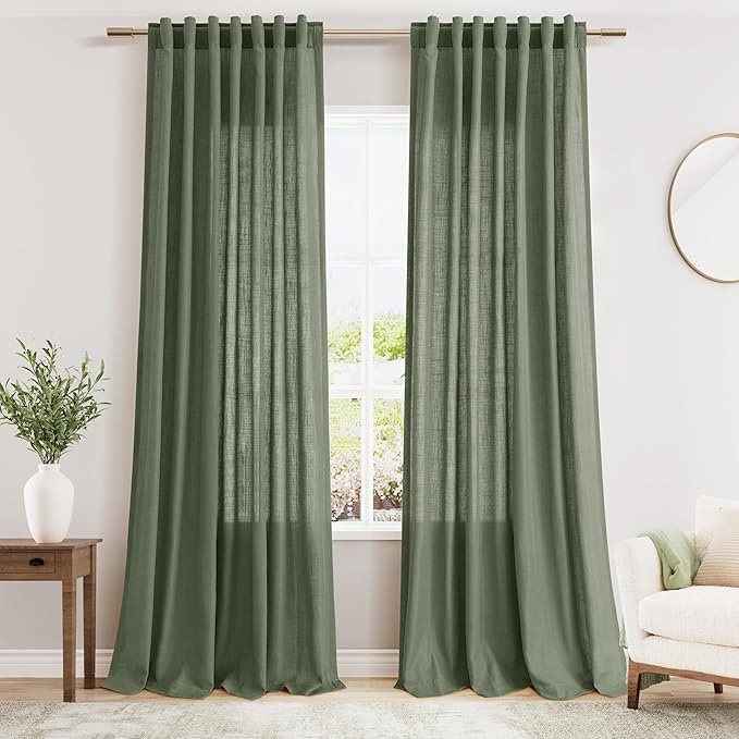 Nanspring Olive Green Linen Sheer Curtains for Living Room 2 Panels Set 98 Inch Length Back Tab Light Filtering & Breathability Semi Sheer Curtain Drapes for Bedroom 52x98