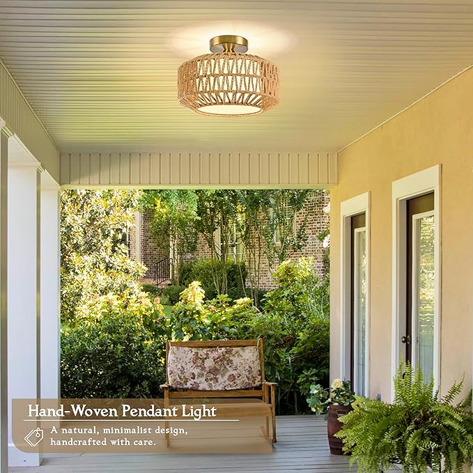12.6 inch Natural Rattan Ceiling Light Fixture Boho Ceiling Light Hand-Woven Rattan Chandelier Fabric Shade Boho Chandelier for Dinning Room Kitchen (Bulb Incl.)