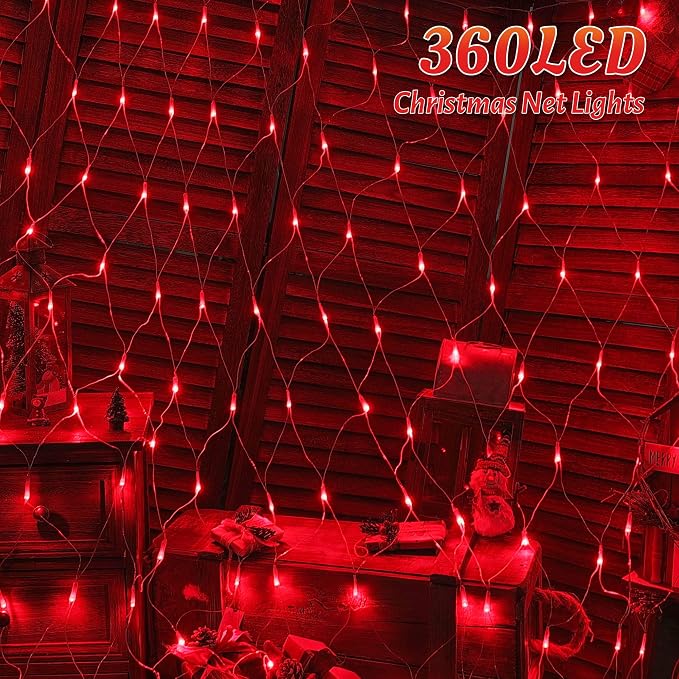 HEYFUNi Net Mesh String Lights, 360LED Red Light Bulbs, 8 Lighting Modes, for Indoor Outdoor, Curtain, Christmas Tree, Bush, Party, Wedding, Fairy, Wall Decor (13 ft x 5 ft,Red)