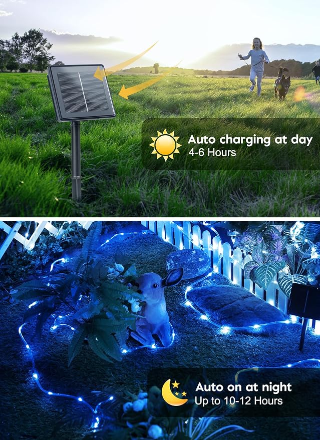 Brightown Solar Christmas Lights Outdoor Waterproof, 2 Pack Total 78FT 200 LED Solar Rope Lights with 8 Modes, Christmas Outdoor Decoration, Solar String Lights for Outside House Tree Halloween, Blue