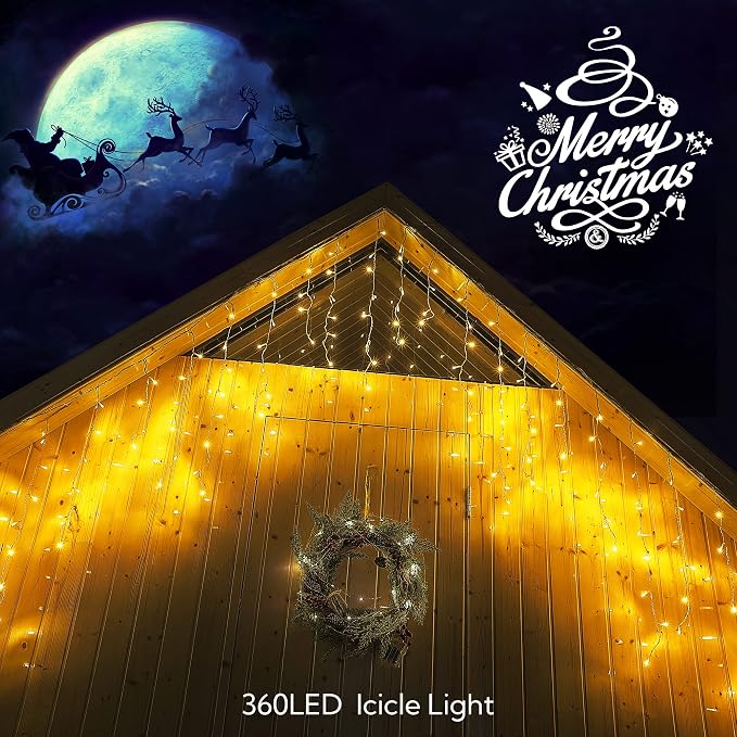 Hopolon 33FT 360 LED Warm White Christmas Icicle Lights, Waterproof Plug in | Outdoor icicle curtain lights with 60 drops, 8 modes, for Christmas, wedding, party, bedroom, garden, wall decor