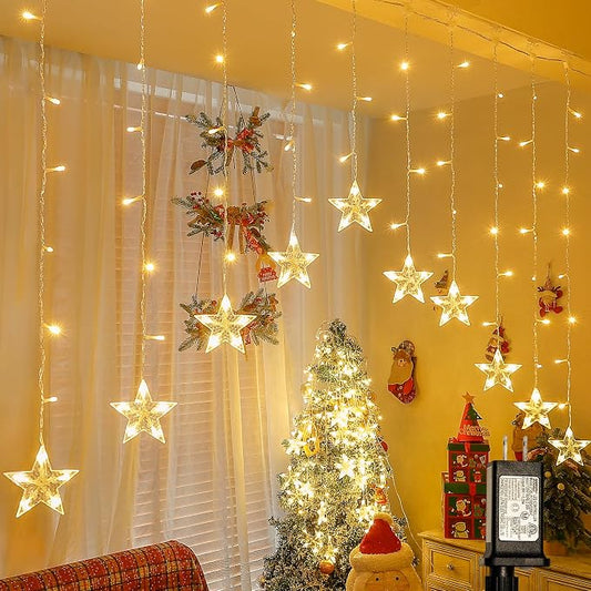 woohaha 118LED Star Icicle Lights,Window Curtain Light Plug in,8 Modes Timer Hanging String Lights,Connectable Warm White Star Lights for Bedroom Indoor Party Wedding Ramadan Christmas Decorations