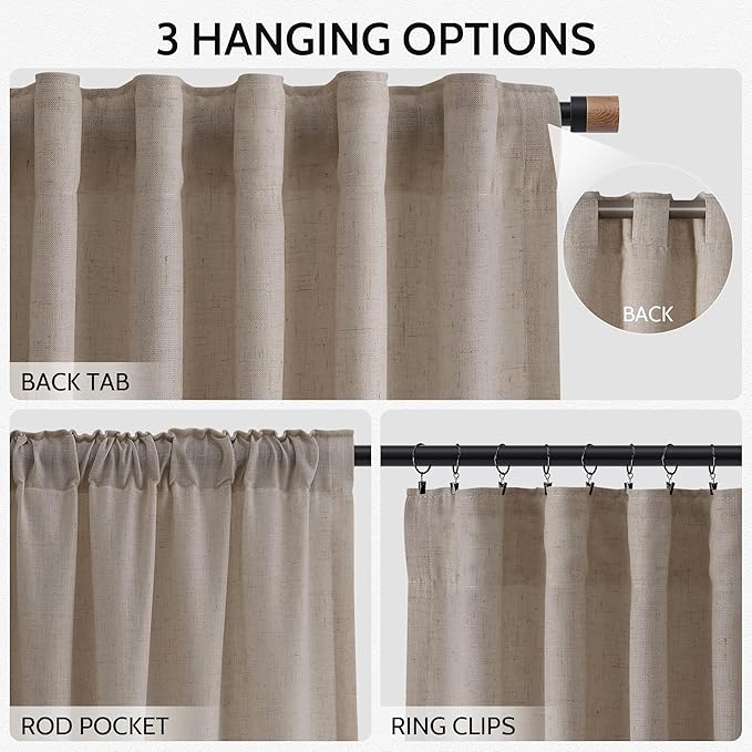 Nanspring Ecru Linen Curtains 96 Inches Long for Living Room Rustic Luxury Light Filtering Semi Sheer Curtain Back Tab Burlap Flax Natural Farmhouse Decor Drapes for Bedroom 52x96, 2 Panels