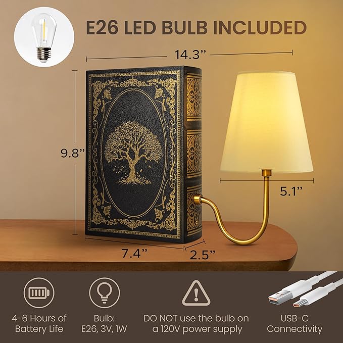 AELS Vintage Bookshelf Lamp with Bulb, Cordless Touch Dimmable Table Lamp with Linen Fabric Shade, Battery Operated, Modern Farmhouse, Book Sconce for Office Home Bedroom, Tree of Life Black & Gold