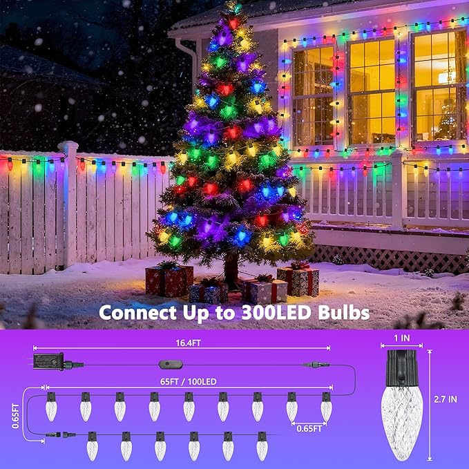 iBaycon Smart C9 Christmas Lights, 100 LED 65FT Bluetooth Outdoor Light String, APP Remote Controlled, Music Sync Color Changing RGB Connectable Christmas Lights for Tree House Eaves Roof Decorations