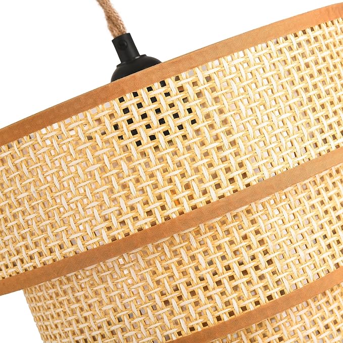 XININSUN Plug in Pendant Light Hanging Lights with15FT Plug in Cord Dimmable Rattan Hanging Lamp Wicker Woven Drum Lampshade,Rustic Boho Plug in Ceiling Light Fixture for Bedroom Living Room-1pack
