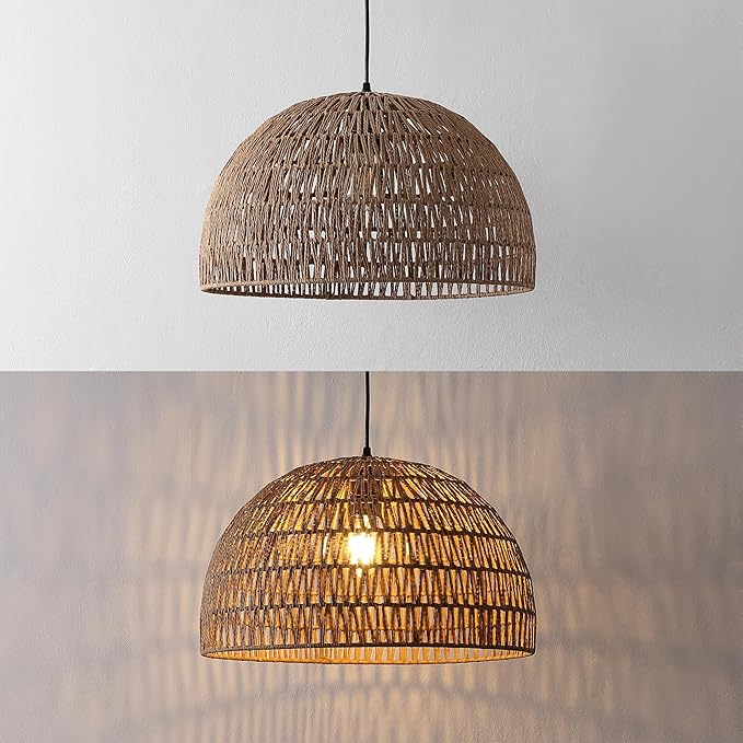 JONATHAN Y 20" Brown Modern Bohemian Woven Rope LED Pendant Light Fixture, Adjustable Dome Ceiling Lamp for Kitchen Island, Rope Shade, Coastal Farmhouse Decor (JYL6504F)