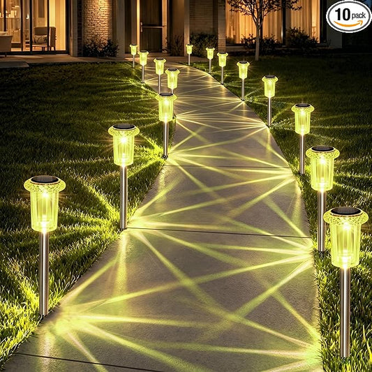Eyrosa Solar Outdoor Lights Starburst Pattern, 10 Pack High-Visibility Lemon Yellow Housing, Waterproof Stainless Steel Solar Stake Lights for Pathway Garden Yard Walkway Driveway Lawn Outside Decor