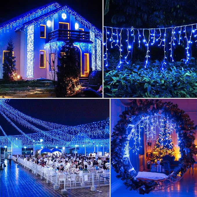 Icicle Christmas Lights Outdoor - 98FT 1216 LED Icicle Lights for Outside with 8 Modes Timer, 228 Drops Waterproof Hanging String Lights Indoor for House Holiday Party Wedding Decorations, Blue