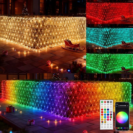 Dazzle Bright Smart Christmas 360 LED Net Lights, 12FT x 5FT RGB Color Changing String Lights Clear Wire with Remote & APP Control, Christmas Decoration for Indoor Outdoor Xmas Party Yard Garden Decor