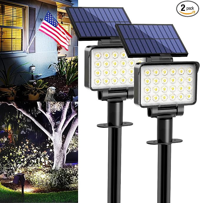 Solar Spot Lights Outdoor Waterproof for Flag, Tree, House, Garden, Yard, 3 Brightness Modes Solar Powered Landscape Spotlights 2 Pack Cool White