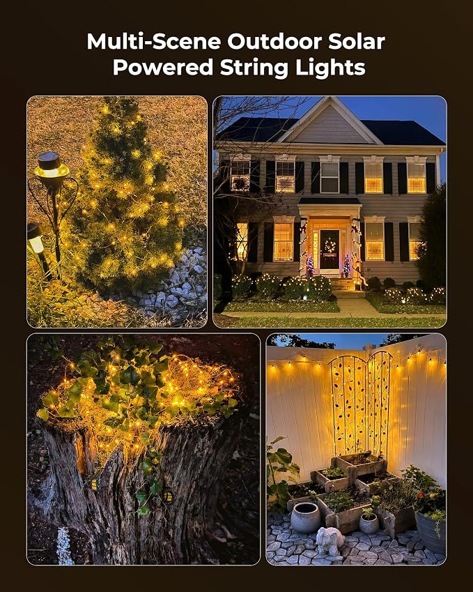 Minetom Solar Fairy Lights,33Ft 100 LED Solar String Lights Outdoor, IP65 Waterproof Patio Lights with 8 Modes for Tree Patio Christmas Party Wedding Decor (Warm White)