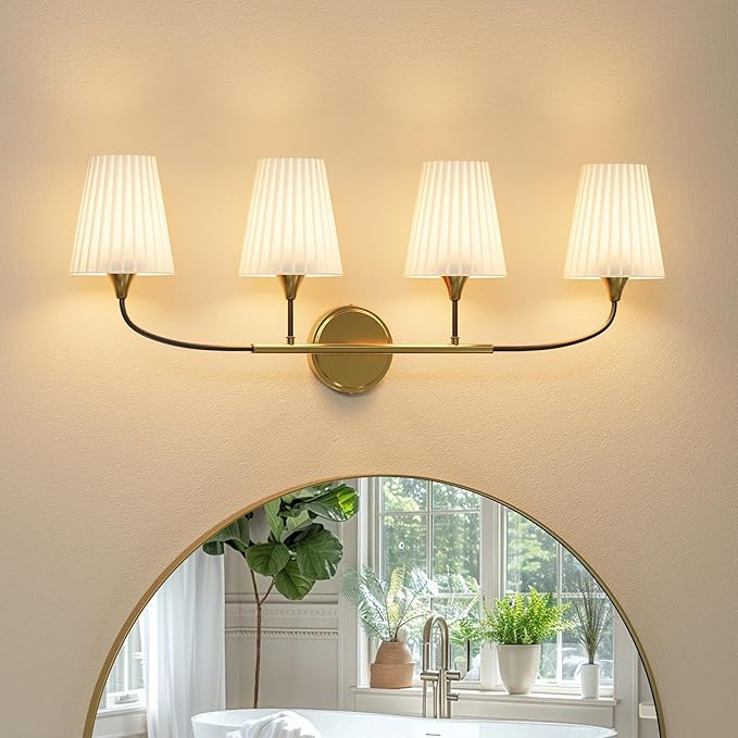 4-Light Bathroom Light Fixtures, Black Gold Bathroom Vanity Light Over Mirror, Modern Light Fixture with Flared Fabric Shade for E26 Bulb, Wall Sconce Light for Bedroom, Hallway with ETL